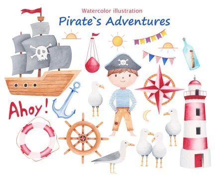 Set of pirate-themed objects of red, brown, blue and grey on white background Stock Illustration