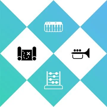 Set Pirate treasure map, Abacus, Music synthesizer and Trumpet icon. Vector Stock Illustration
