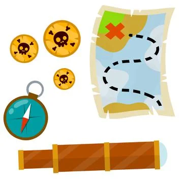 Set of pirate. Treasure map and gold coins. Treasure and a telescope. Stockillustratie