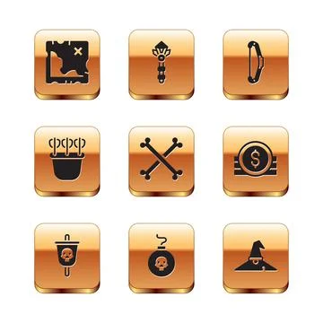 Set Pirate treasure map, flag, Bomb ready to explode, Crossed human bones 스톡 일러스트
