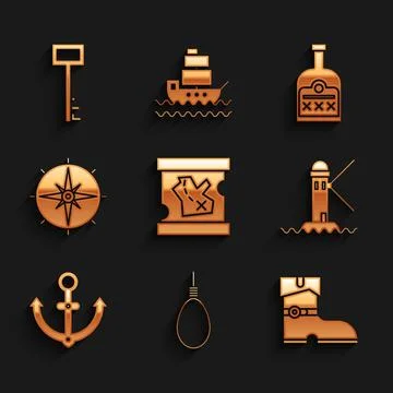 Set Pirate treasure map, Gallows rope loop hanging, Leather pirate boots Illustrazione stock