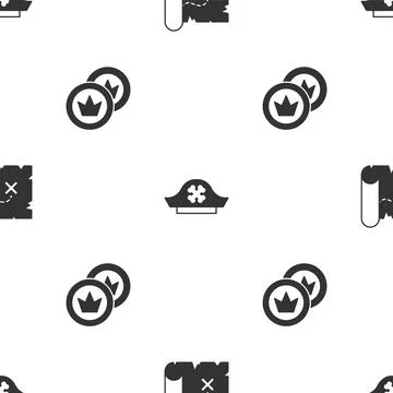 Set Pirate treasure map, hat and coin on seamless pattern. Vector Illustrazione stock