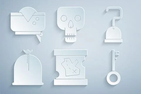 Set Pirate treasure map, hook, sack, key, Skull and hat icon. Vector Stock Illustration