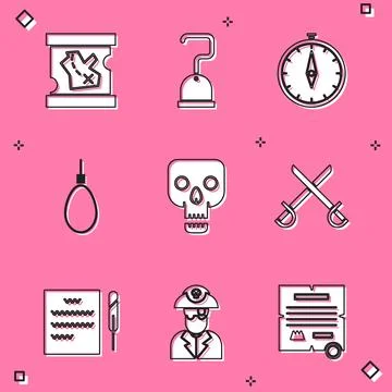 Set Pirate treasure map, hook, Compass, Gallows rope loop hanging, Skull, C.. Stock Illustration