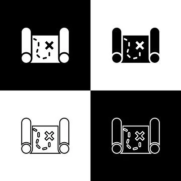 Set Pirate treasure map icon isolated on black and white background. Vector Illustrazione stock