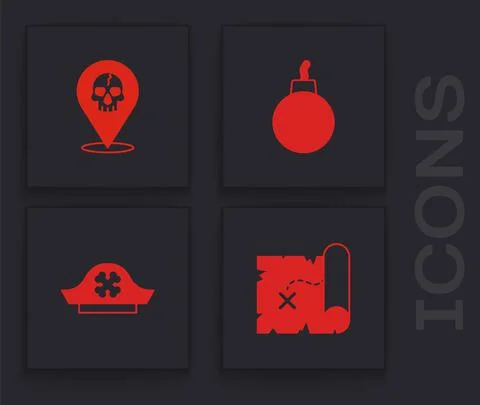 Set Pirate treasure map, Location pirate, Bomb ready to explode and hat icon Illustrazione stock