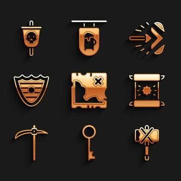Set Pirate treasure map, Old key, Medieval axe, Decree, parchment, scroll Illustrazione stock