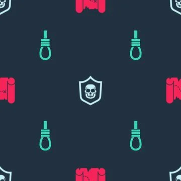 Set Pirate treasure map, Shield with pirate skull and Gallows rope loop hangi Stock Illustration