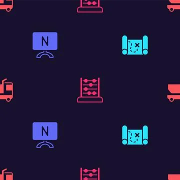 Set Pirate treasure map, Smart Tv, Abacus and Toy truck on seamless pattern.. Stock Illustration