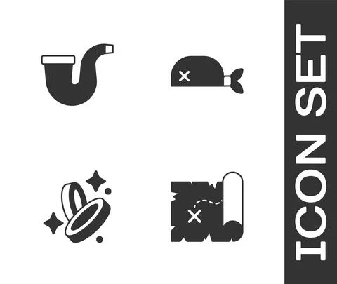 Set Pirate treasure map, Smoking pipe, coin and bandana for head icon. Vector Stock Illustration