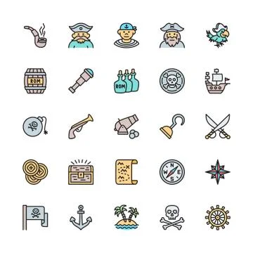 Set of Pirates Flat Color Line Icons. Sailor, Boatswain, Captain, Ship and more. Stock Illustration