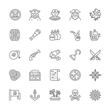 Set of Pirates Line Icons. Sailor, Boatswain, Captain, Parrot, Ship and more. Stock Illustration