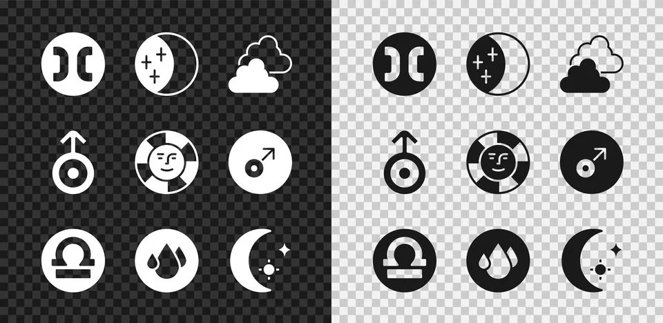 Set Pisces zodiac, Eclipse of the sun, Cloudy weather, Libra, Water drop, Moon Ilustração Stock