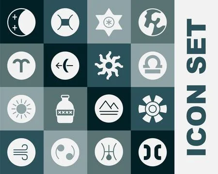 Set Pisces zodiac, Sun, Libra, Falling star, Sagittarius, Aries, Eclipse of.. Stock Illustration