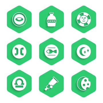 Set Pisces zodiac, Telescope, Eclipse of the sun, Moon and stars, Libra, Sun and Ilustração Stock