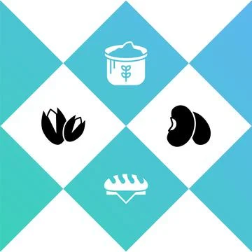 Set Pistachio nuts, Bread loaf, Bag of flour and Beans icon. Vector Stock Illustration