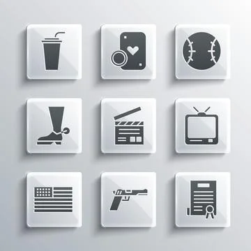 Set Pistol or gun, Declaration of independence, Retro tv, Movie clapper Stock Illustration