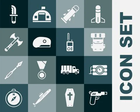Set Pistol or gun, Dynamite and timer clock, Hiking backpack, Rocket, Military Illustrazione stock