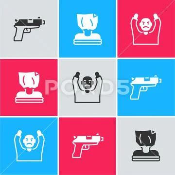 Set Pistol Or Gun, Kidnaping And Thief Surrendering Hands Up Icon 