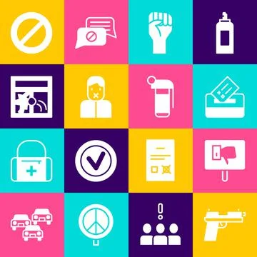 Set Pistol or gun, Protest, Vote box, Raised hand with clenched fist, Censor Illustrazione stock