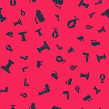 Set Pistol or gun, Security camera, Stamp and Location law on seamless pattern Stock Illustration