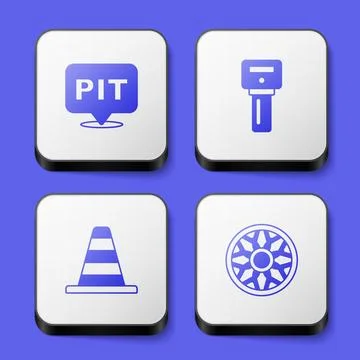 Set Pit stop, Car key with remote, Traffic cone and Alloy wheel for car icon Stock Illustration
