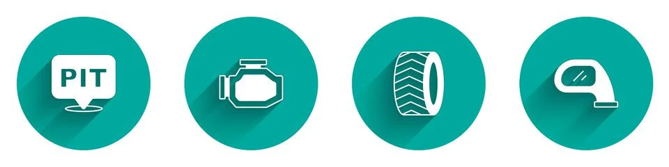 Set Pit stop, Check engine, Car tire wheel and mirror icon with long shadow Stock Illustration