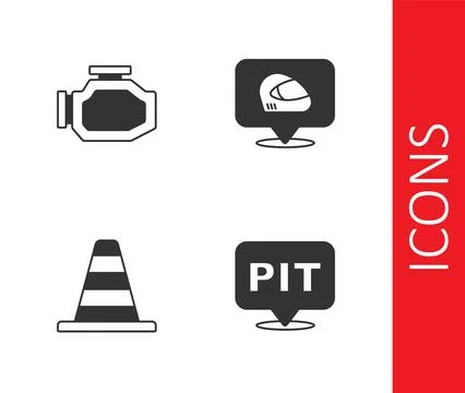 Set Pit stop, Check engine, Traffic cone and Racing helmet icon. Vector 스톡 일러스트