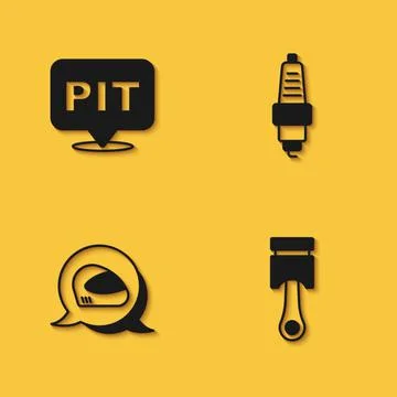 Set Pit stop, Engine piston, Racing helmet and Car spark plug icon with long  Stock Illustration