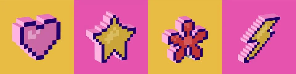 Set of pixel 3D elements.Modern trendy Y2K design , geometric three-dimension Stock Illustration