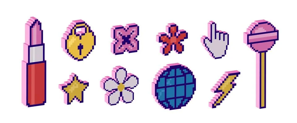 Set of pixel 3D elements.Modern trendy Y2K design , geometric three-dimensi.. Stock Illustration