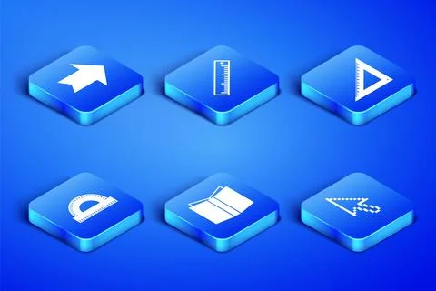 Set Pixel arrow cursor, Arrow, Open book, Protractor grid, Ruler and Triangular Stock Illustration