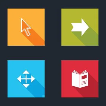 Set Pixel arrow cursor, Arrow, arrows in four directions and Open book icon.  Illustrazione stock