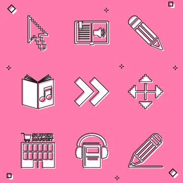 Set Pixel arrow cursor, Audio book, Pencil, Arrow, arrows in four direction.. Stock Illustration