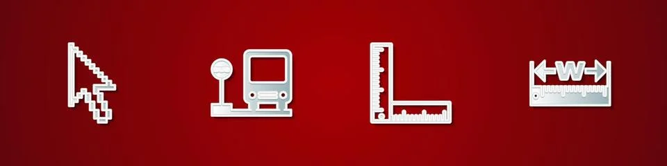 Set Pixel arrow cursor, Bus stop, Folding ruler and Measuring height and leng Stock Illustration