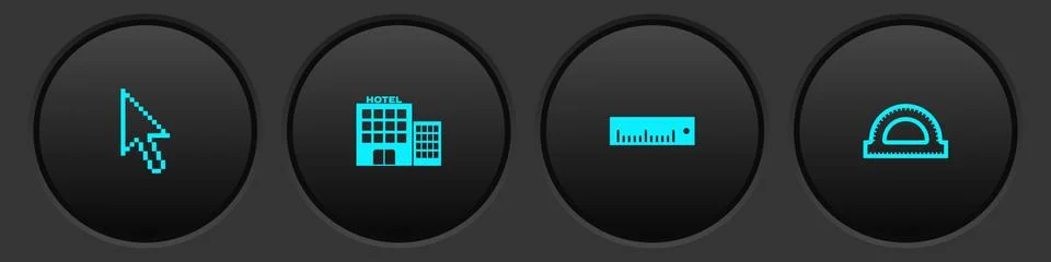 Set Pixel arrow cursor, Hotel building, Ruler and Protractor grid icon. Vector Stock Illustration