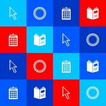 Set Pixel arrow cursor, Laurel wreath, Hotel building and Open book icon. Vector Illustrazione stock