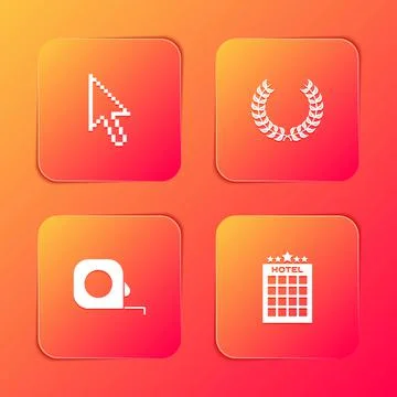 Set Pixel arrow cursor, Laurel wreath, Roulette construction and Hotel building Illustrazione stock