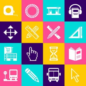 Set Pixel arrow cursor, Open book, Triangular ruler, Gas filling station Illustrazione stock