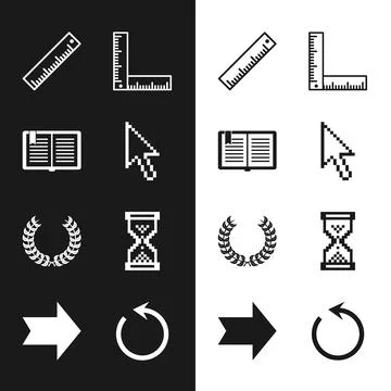 Set Pixel arrow cursor, Open book, Ruler, Folding ruler, Laurel wreath, Hou.. Illustrazione stock