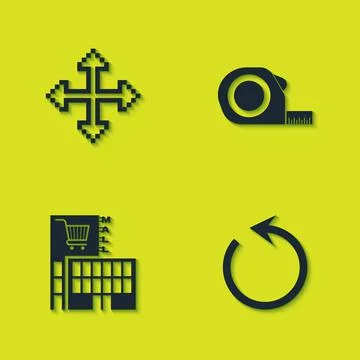Set Pixel arrows in four directions, Refresh, Mall or supermarket building and Stock Illustration