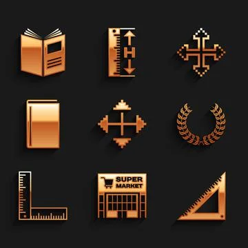 Set Pixel arrows in four directions, Supermarket building, Triangular ruler Ilustración de archivo