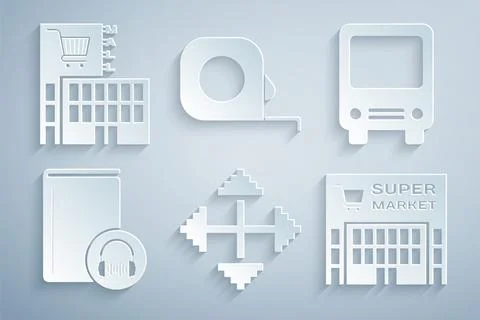 Set Pixel arrows in four directions, Bus, Audio book, Supermarket building Ilustración de archivo