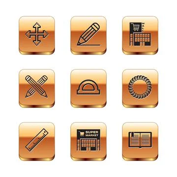 Set Pixel arrows in four directions, Ruler, Supermarket building, Protractor Ilustración de archivo
