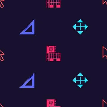 Set Pixel arrows in four directions, Triangular ruler, Mall or supermarket Stock Illustration