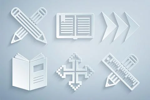 Set Pixel arrows in four directions, Arrow, Open book, Crossed ruler and pencil Stock Illustration