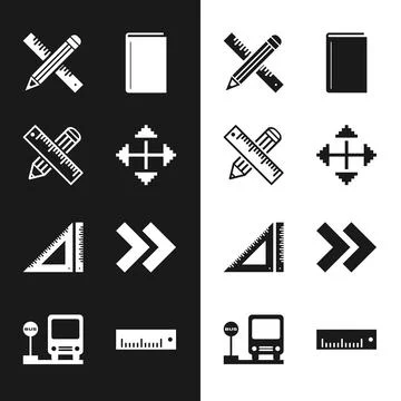 Set Pixel arrows in four directions, Crossed ruler and pencil, Book, Triangular Illustrazione stock