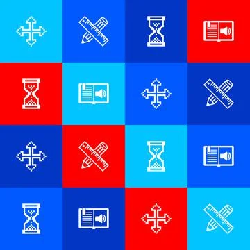 Set Pixel arrows in four directions, Crossed ruler and pencil, Hourglass pixe Stock Illustration