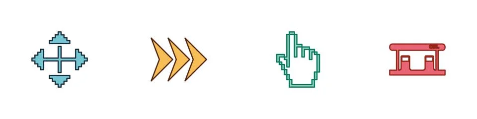 Set Pixel arrows in four directions, Arrow, hand cursor and Gas filling stati Illustrazione stock