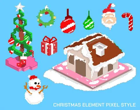 Set of pixel art Christmas elements Stock Illustration